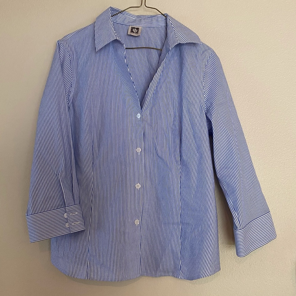 Anne Klein | Blue Stripe Button Down Blouse | Women's Size Small
